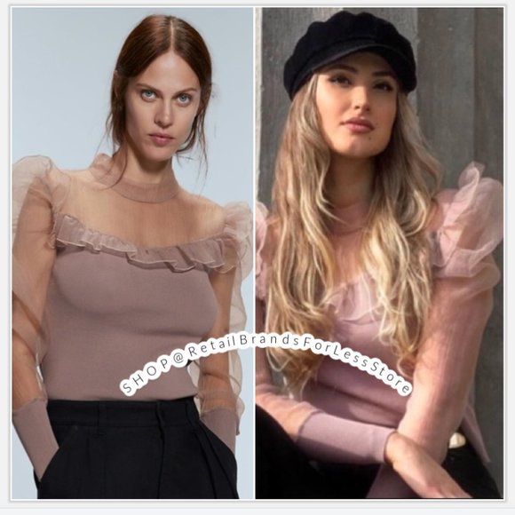 ZARA DUSTY PINK KNIT BANDAGE CHIFFON RUFFLE ORGANZA LONG SLEEVE TOP BLOUSE $69.9 - Picture 4 of 9